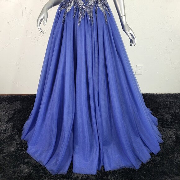 NWT~$625~FLAIR~6~BLUE BEADED EMBELLISHED FIT & FLARE PROM BALL GOWN MAXI DRESS - Picture 10 of 16